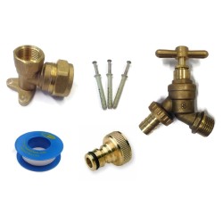 Garden Tap Kit with 22mm Elbow Wall Plate, Hoselock Connector and PTFE Tape